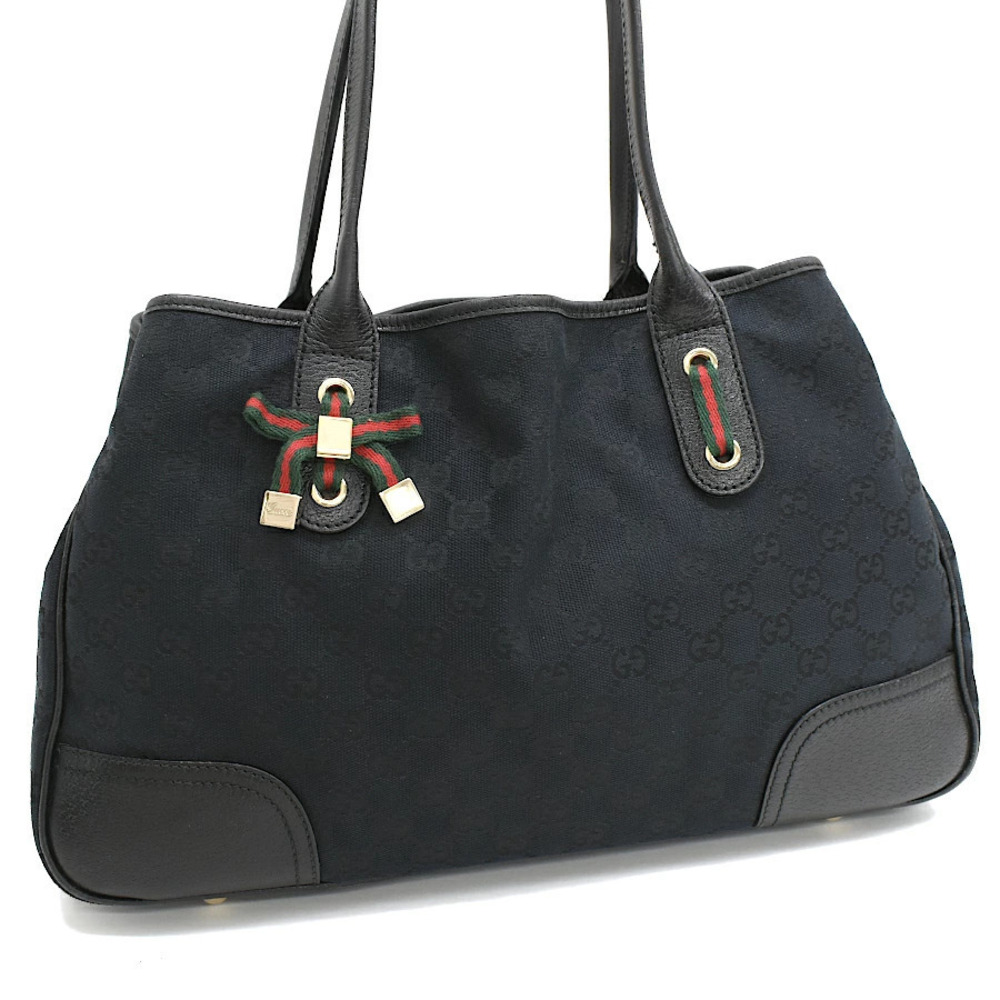 Gucci Princy Tote Bag GG Canvas Leather Black Web Sherry Ribbon